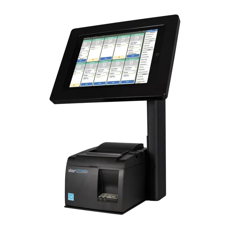 Black mUnite-POS tablet display stand by Star Micronics, show with tablet, enclosure, and TSP100III thermal receipt printer (not included).